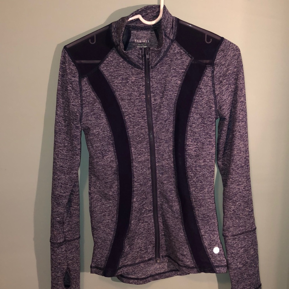 Deep blue athletic jacket with sheer cutouts